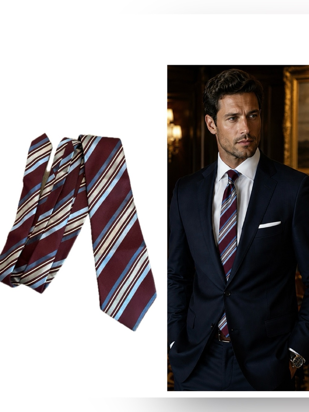 Balmain Paris Burgundy Blue Striped Silk Tie Luxury Designer Made in France
